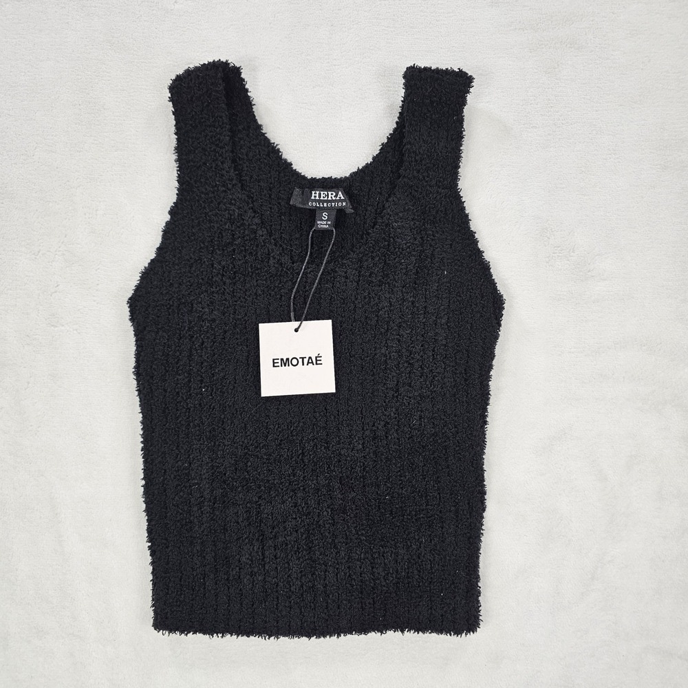 Hera Collection Black Fuzzy Knit V-Neck Tank Top Sleeveless Sweater Small NEW